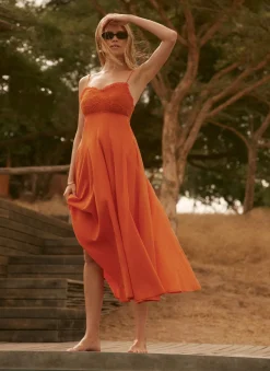 Orange Cotton Embroidered Midi Dress