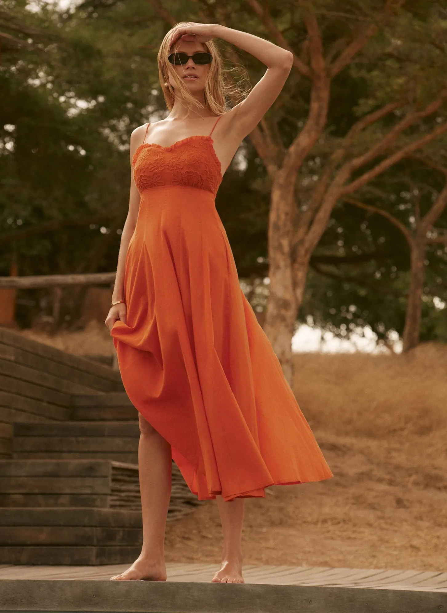 Orange Cotton Embroidered Midi Dress