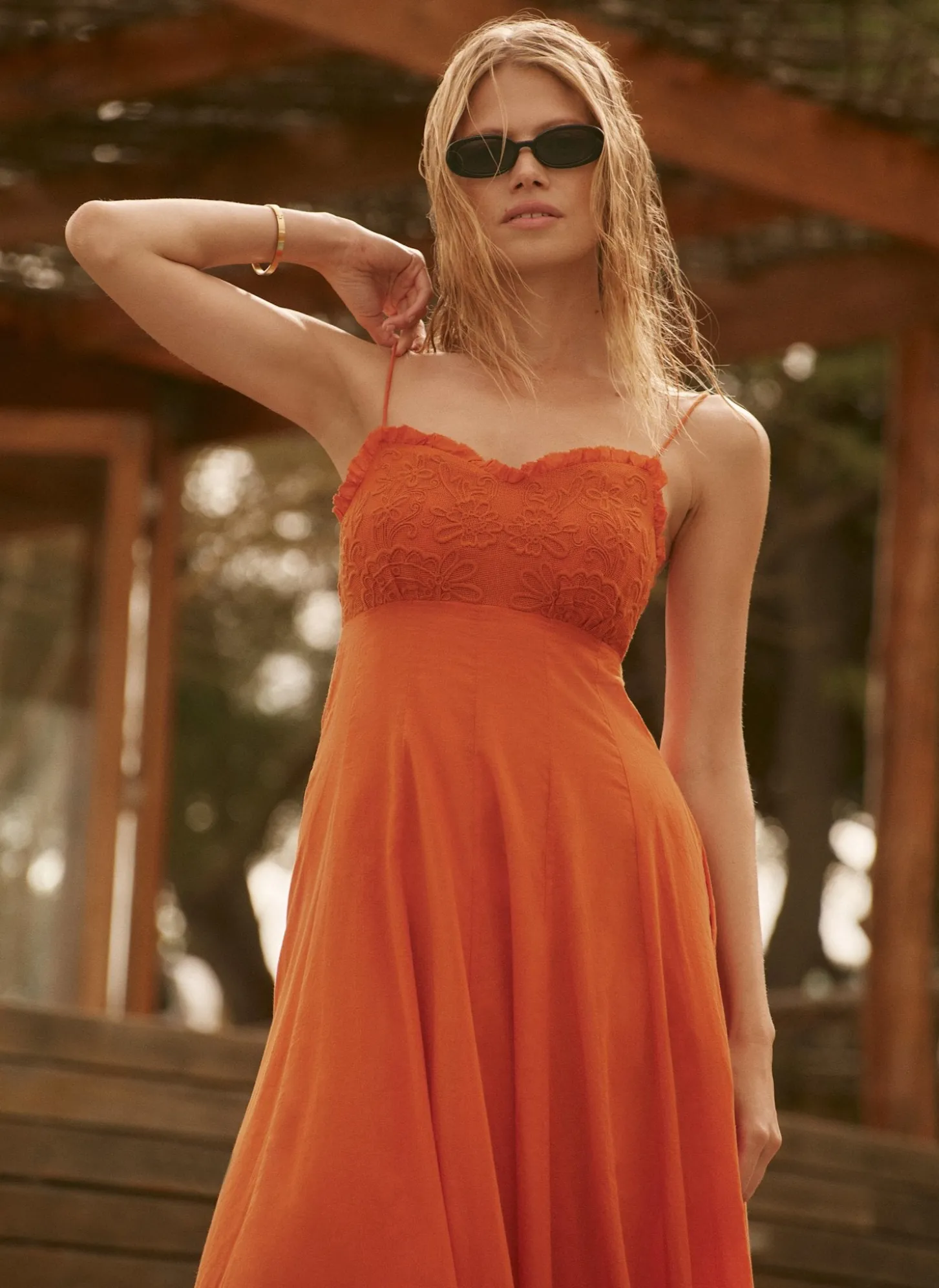 Orange Cotton Embroidered Midi Dress