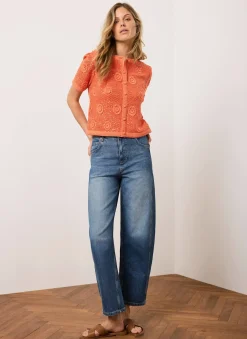 Orange Cotton Sequin Flower Crochet Top