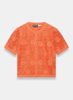 Orange Cotton Sequin Flower Crochet Top