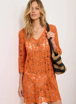 Orange Crochet Beach Mini Dress