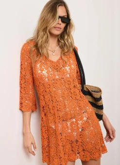Orange Crochet Beach Mini Dress