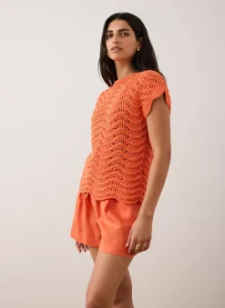 Orange Embellished Crochet Knit Top