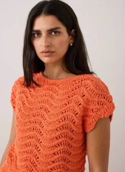 Orange Embellished Crochet Knit Top