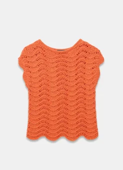 Orange Embellished Crochet Knit Top