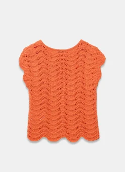 Orange Embellished Crochet Knit Top