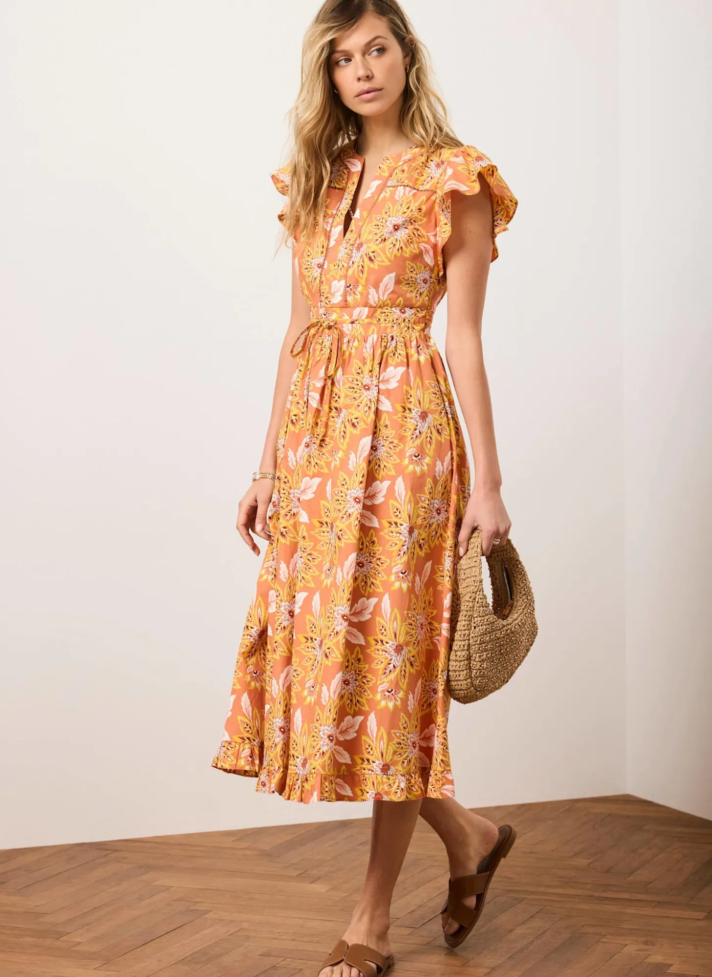 Orange Floral Print Cotton Midi Dress
