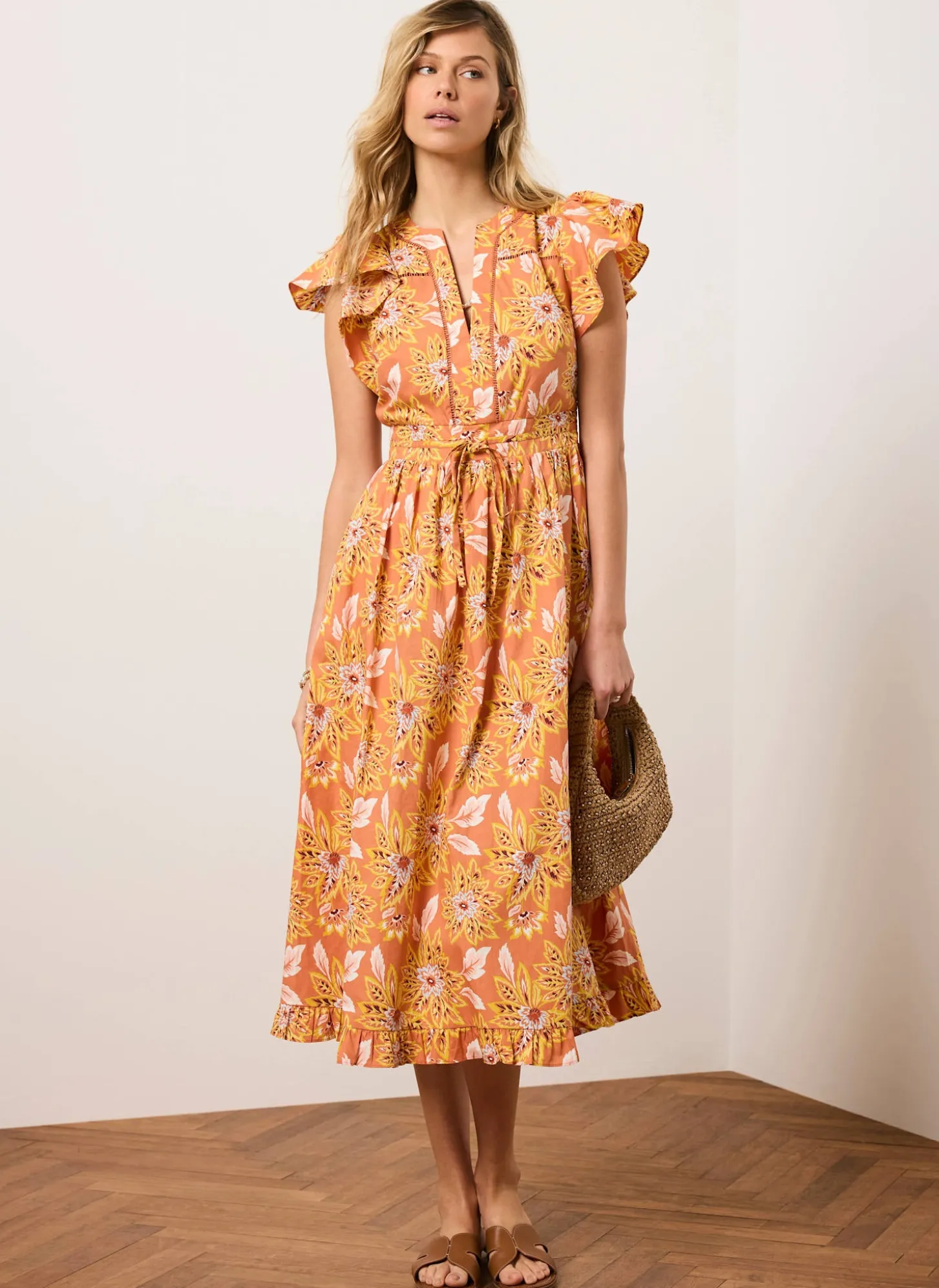 Orange Floral Print Cotton Midi Dress