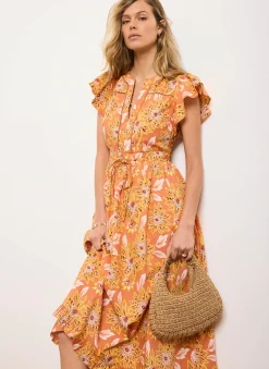 Orange Floral Print Cotton Midi Dress