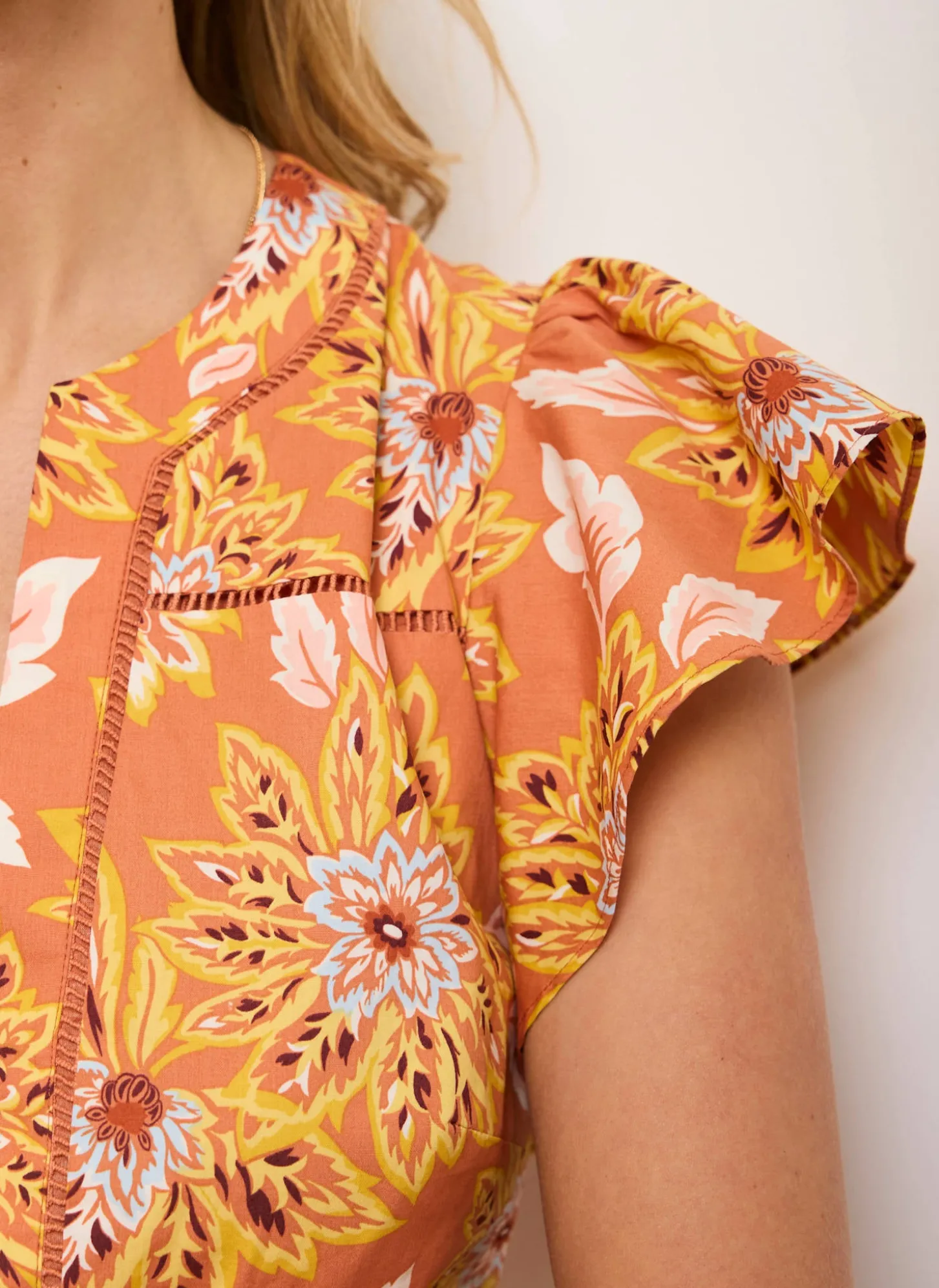 Orange Floral Print Cotton Midi Dress