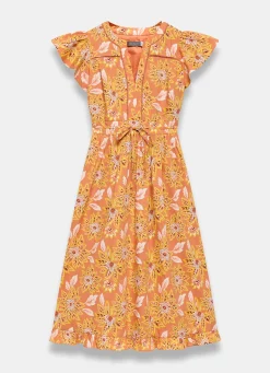 Orange Floral Print Cotton Midi Dress