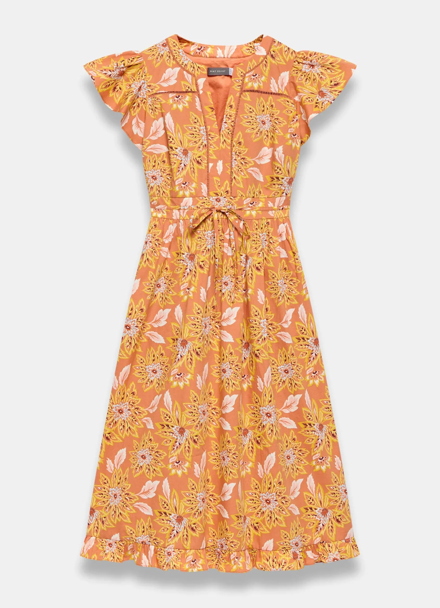 Orange Floral Print Cotton Midi Dress