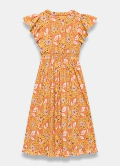 Orange Floral Print Cotton Midi Dress