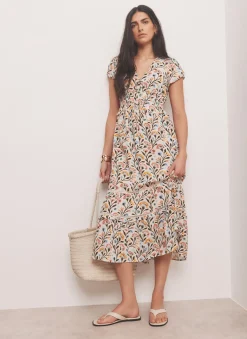 Orange Floral Print Midi Dress