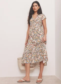 Orange Floral Print Midi Dress
