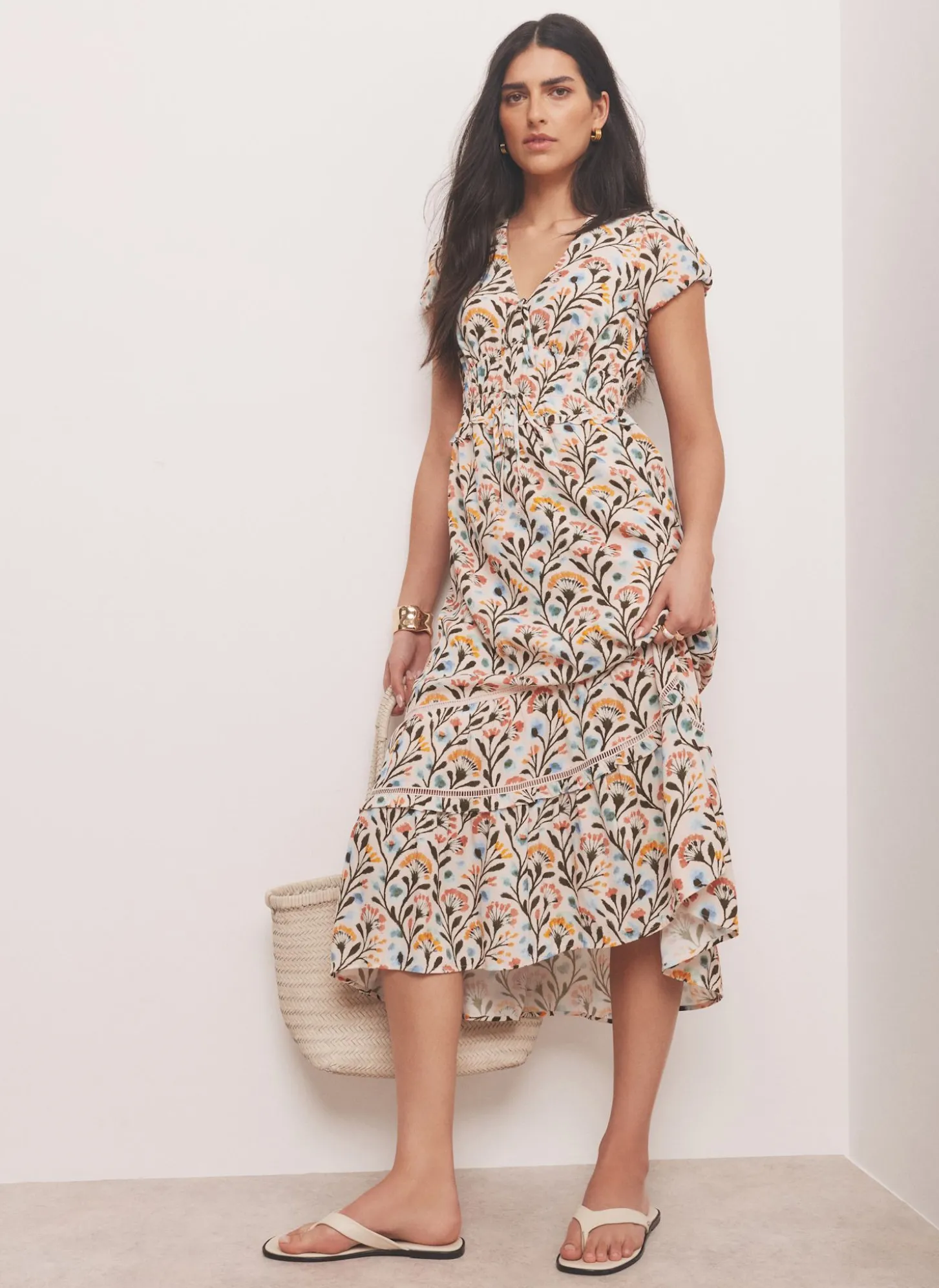 Orange Floral Print Midi Dress