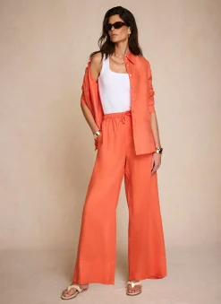Orange Linen Drawstring Wide Leg Trousers
