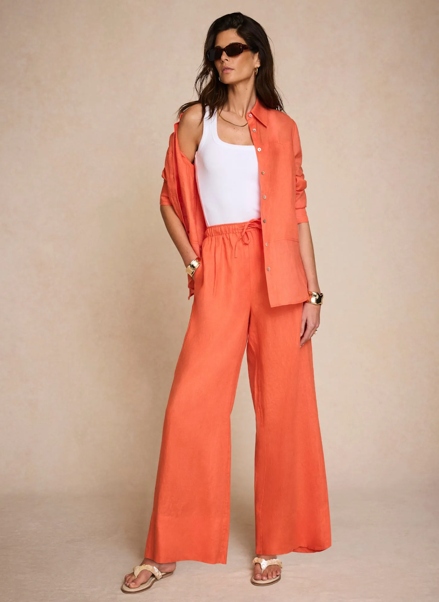 Orange Linen Drawstring Wide Leg Trousers