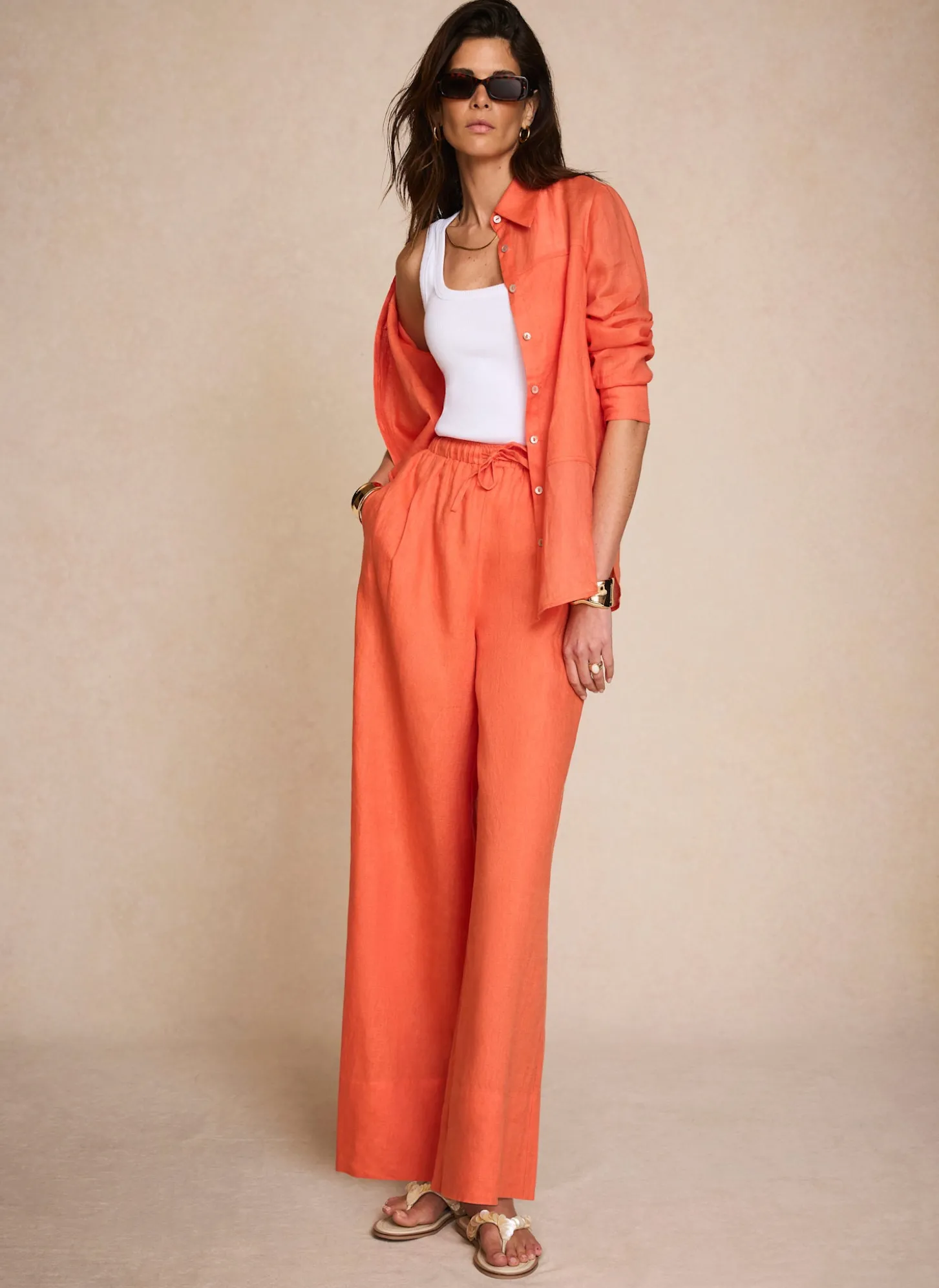 Orange Linen Drawstring Wide Leg Trousers