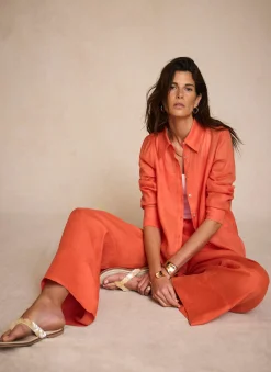 Orange Linen Drawstring Wide Leg Trousers