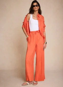 Orange Linen Drawstring Wide Leg Trousers