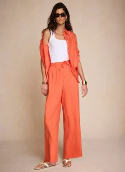 Orange Linen Drawstring Wide Leg Trousers