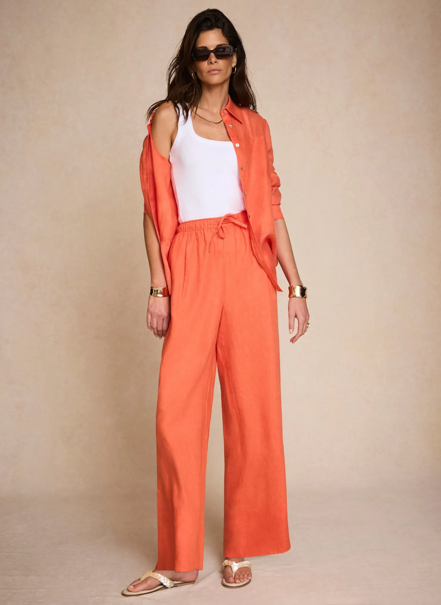 Orange Linen Drawstring Wide Leg Trousers