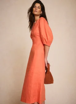 Orange Linen Puff Sleeve Midi Dress