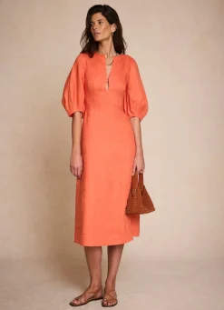 Orange Linen Puff Sleeve Midi Dress