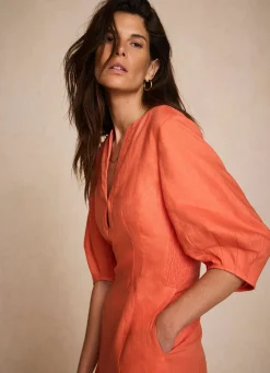 Orange Linen Puff Sleeve Midi Dress