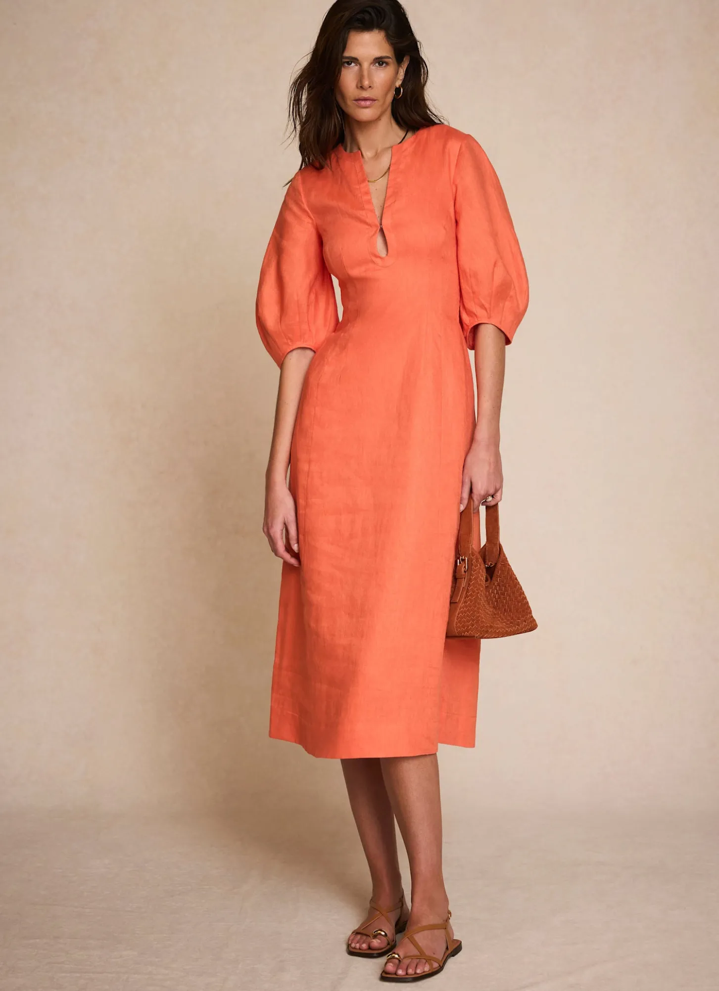 Orange Linen Puff Sleeve Midi Dress