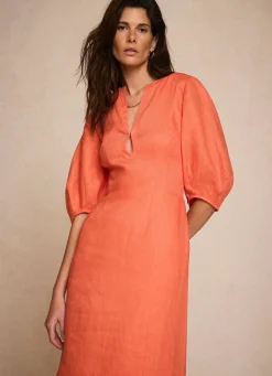 Orange Linen Puff Sleeve Midi Dress
