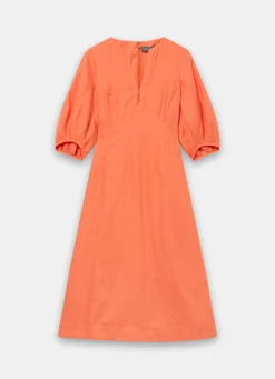 Orange Linen Puff Sleeve Midi Dress