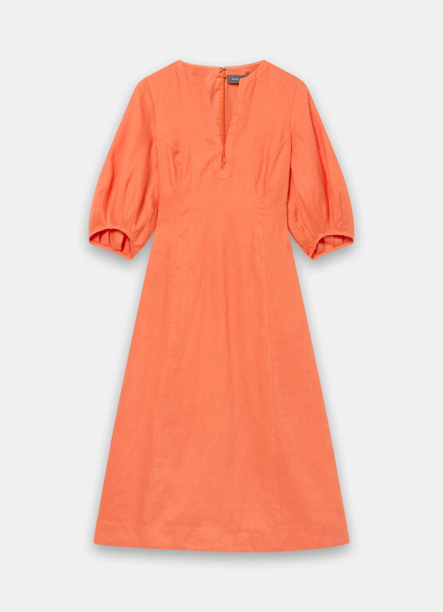 Orange Linen Puff Sleeve Midi Dress