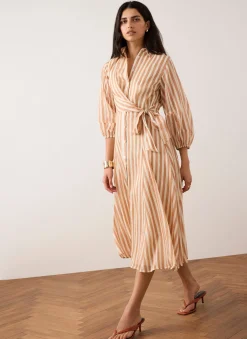 Orange Stripe Wrap Midi Shirt Dress