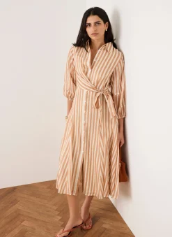 Orange Stripe Wrap Midi Shirt Dress