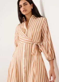 Orange Stripe Wrap Midi Shirt Dress