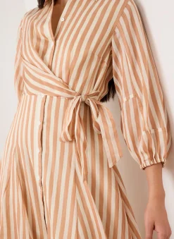 Orange Stripe Wrap Midi Shirt Dress
