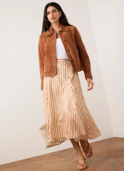 Orange Striped A Line Midi Skirt