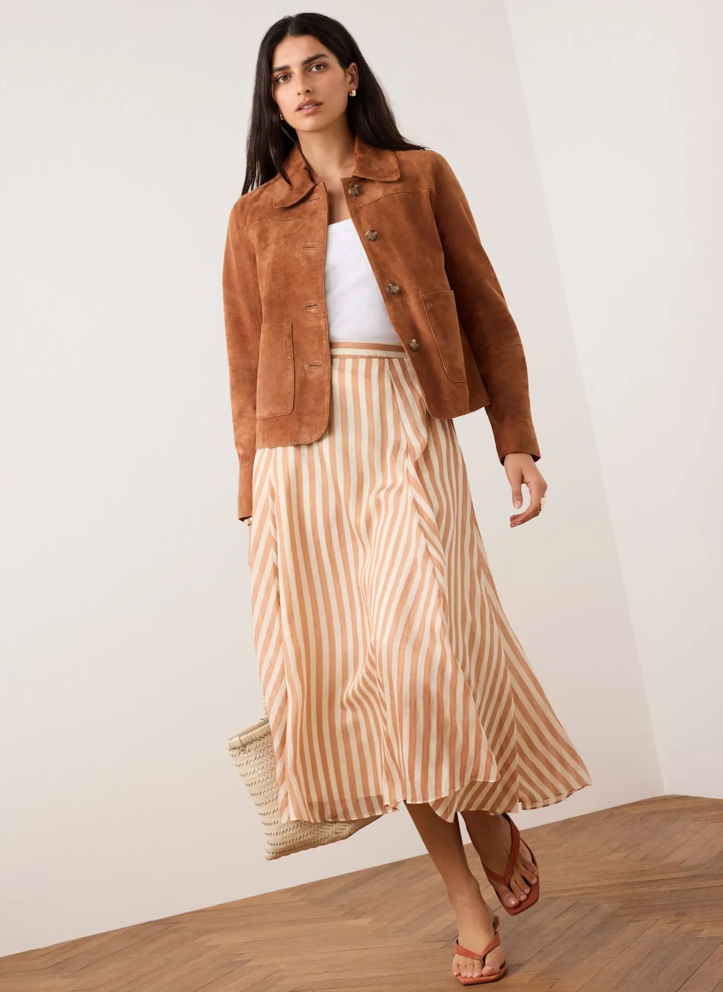 Orange Striped A Line Midi Skirt