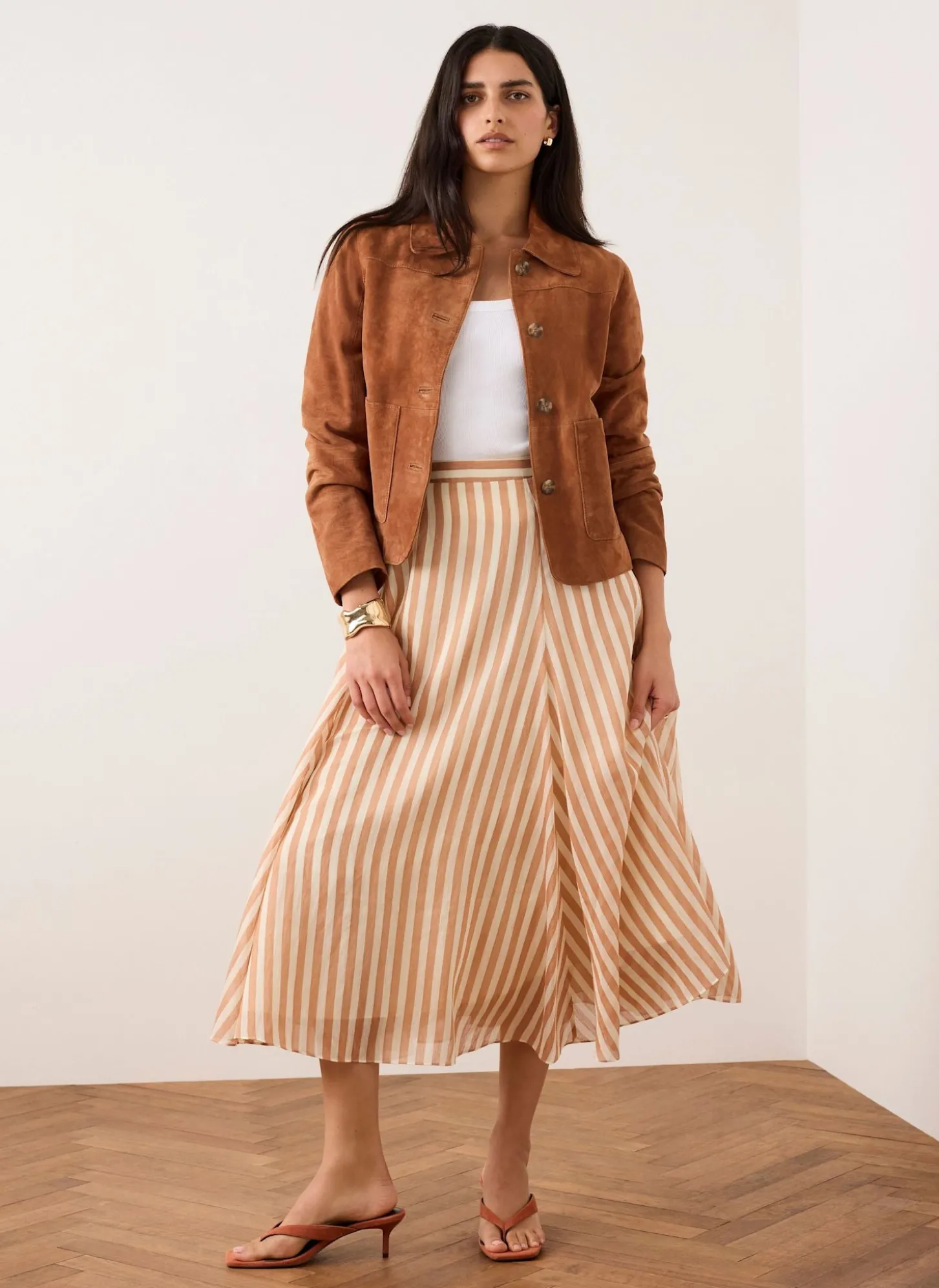 Orange Striped A Line Midi Skirt