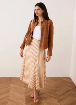 Orange Striped A Line Midi Skirt