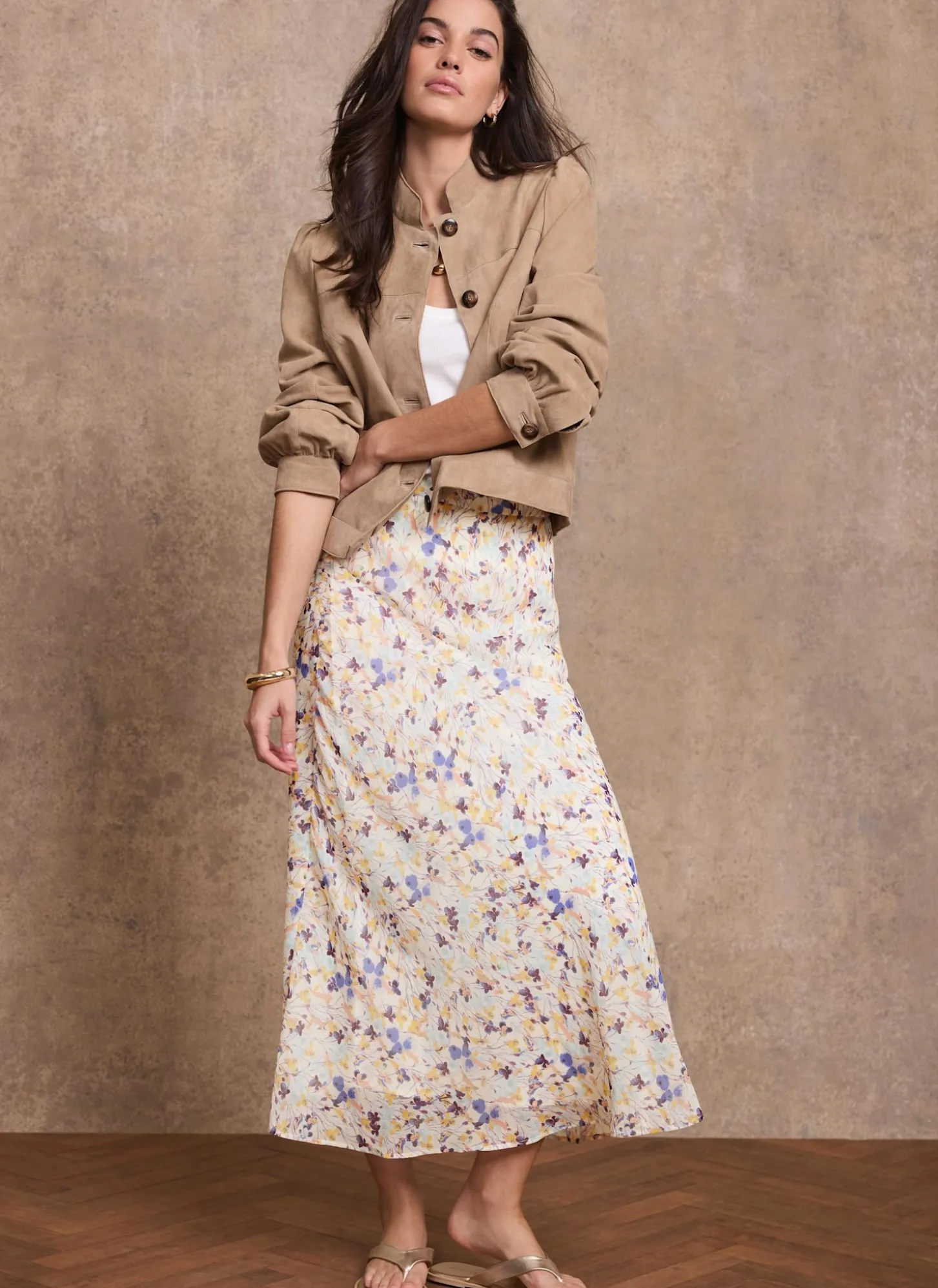 Pale Blue Floral Print Midi Skirt