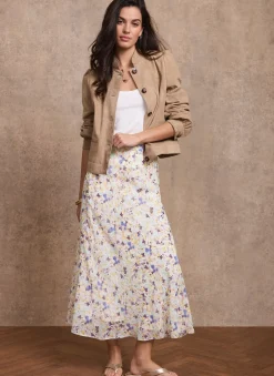Pale Blue Floral Print Midi Skirt
