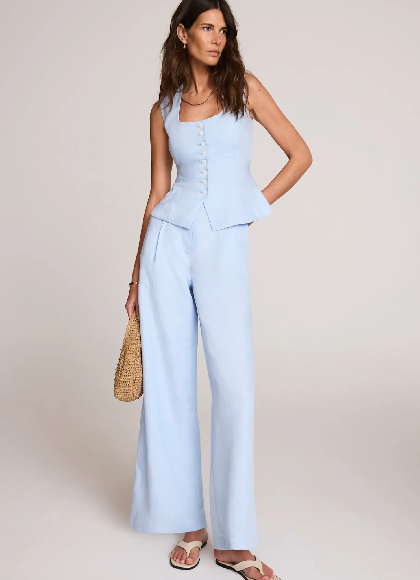 Pale Blue Linen Blend Peplum Waistcoat