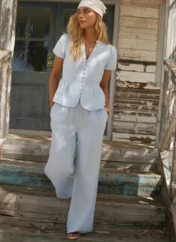Pale Blue Linen Drawstring Wide Leg Trousers
