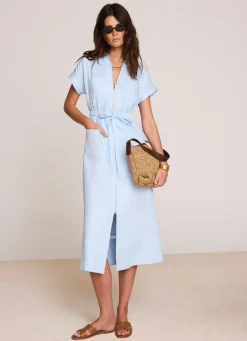 Pale Blue Linen Midi Shirt Dress