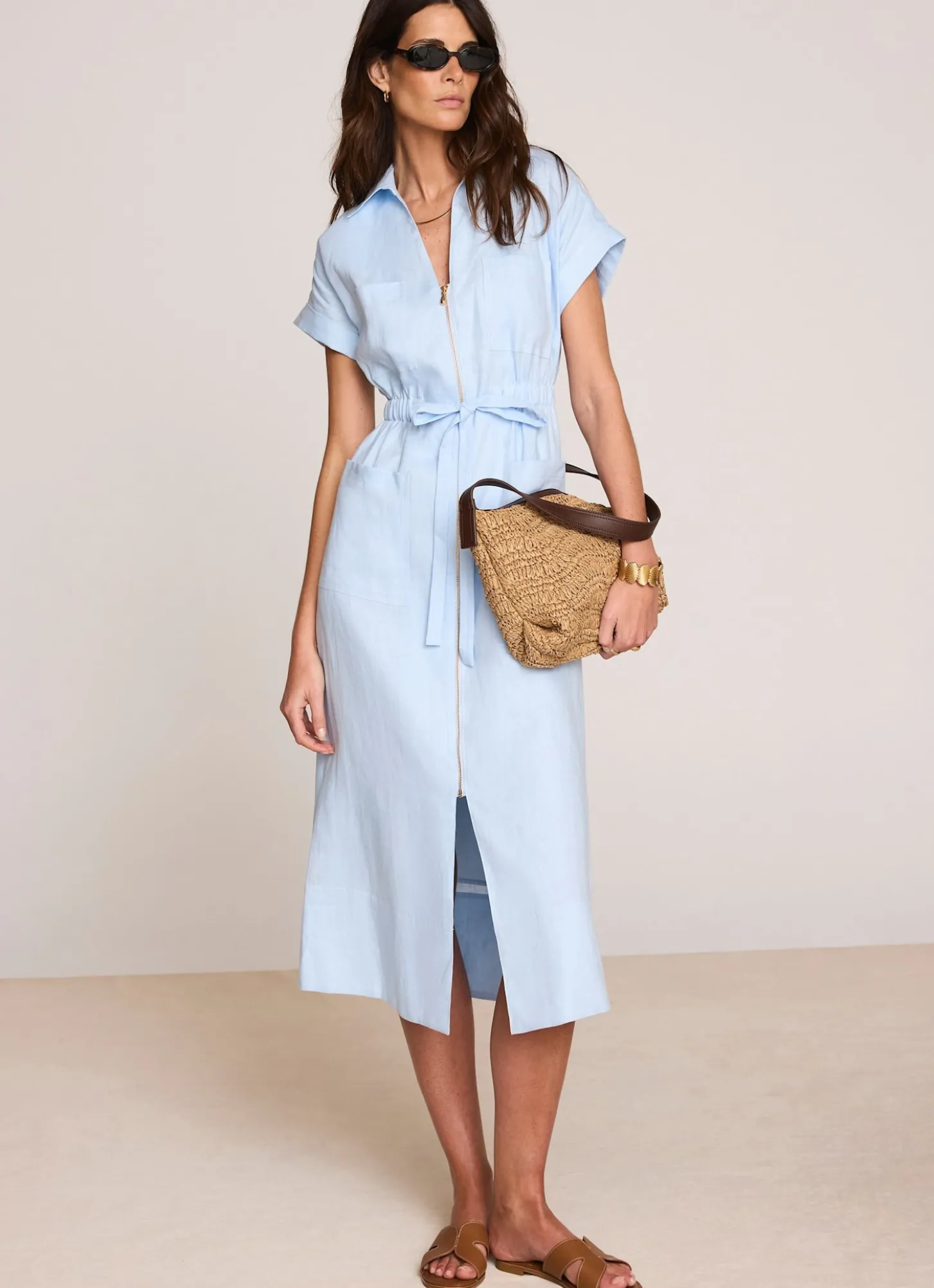 Pale Blue Linen Midi Shirt Dress