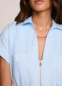 Pale Blue Linen Midi Shirt Dress